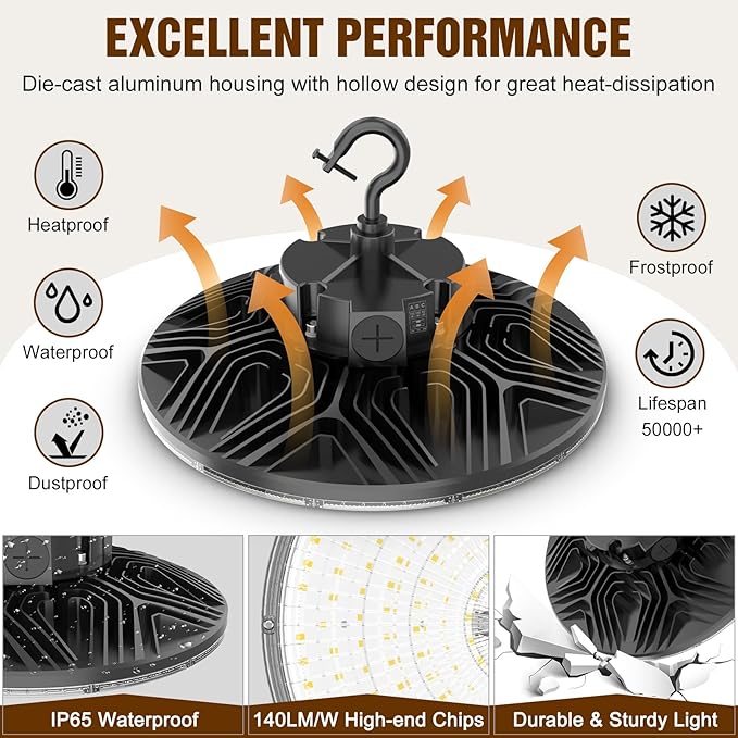 6 Pack 480V LED High Bay Light UL DLC Listed UFO Light 150W 100W 80W Adjustable