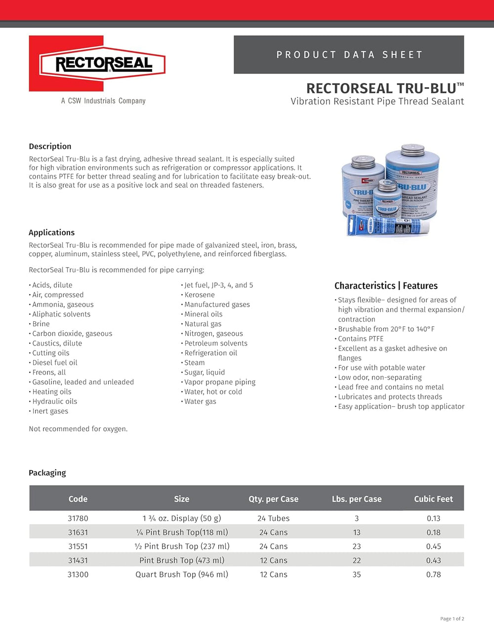 RectorSeal Tru-Blu 31431 Pipe Thread Sealant, Fast-Dry, Flexible Set Thread S...