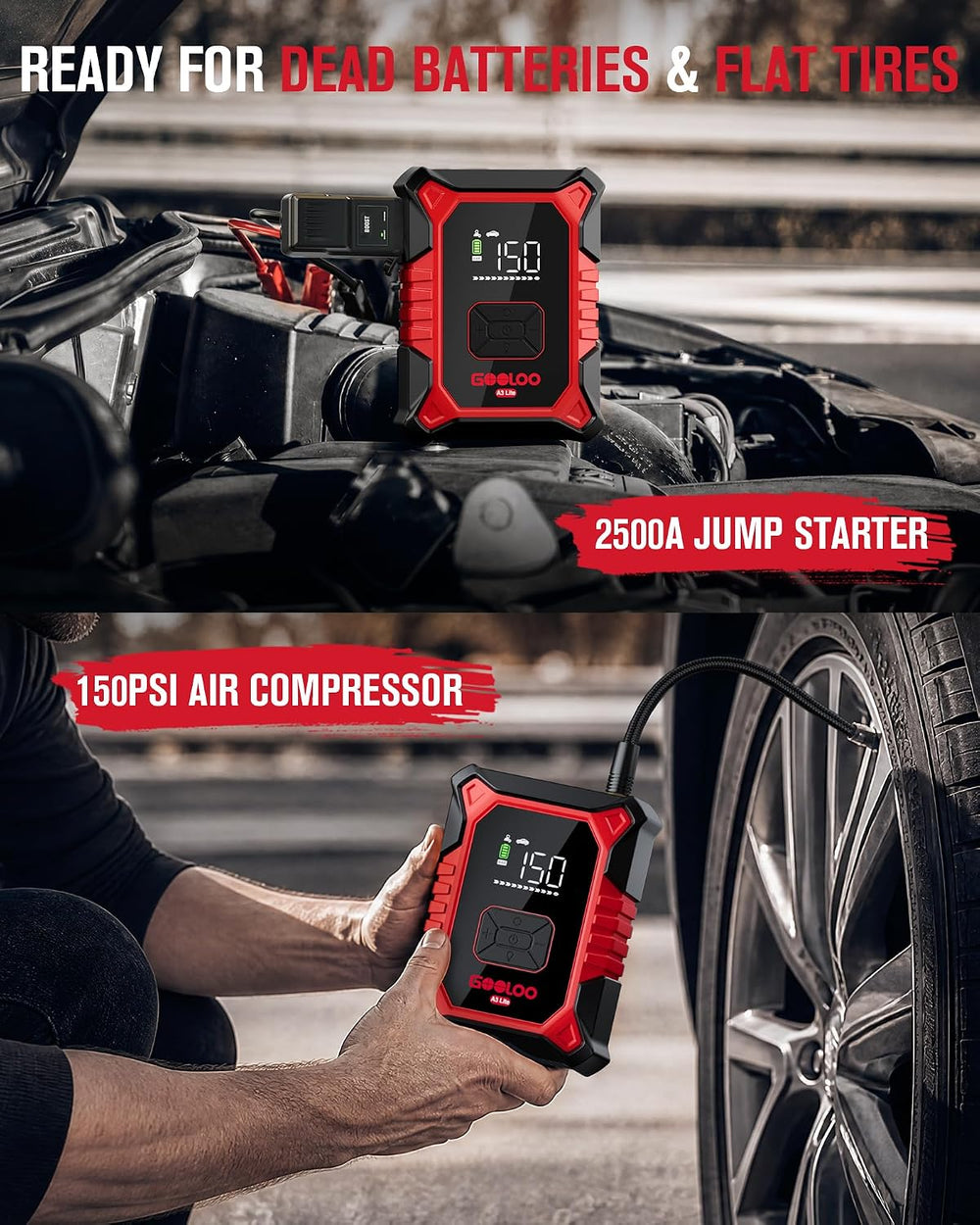 GOOLOO A3 Lite 12V 2500A Portable Car Jump Starter with Air Compressor