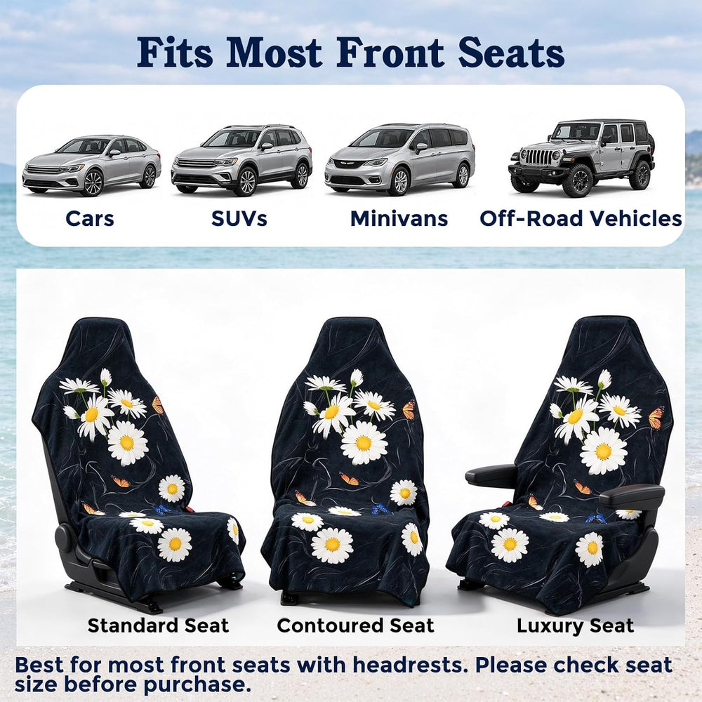Chenille Car Seat Cover Towel, 2-Pack, Black Daisy