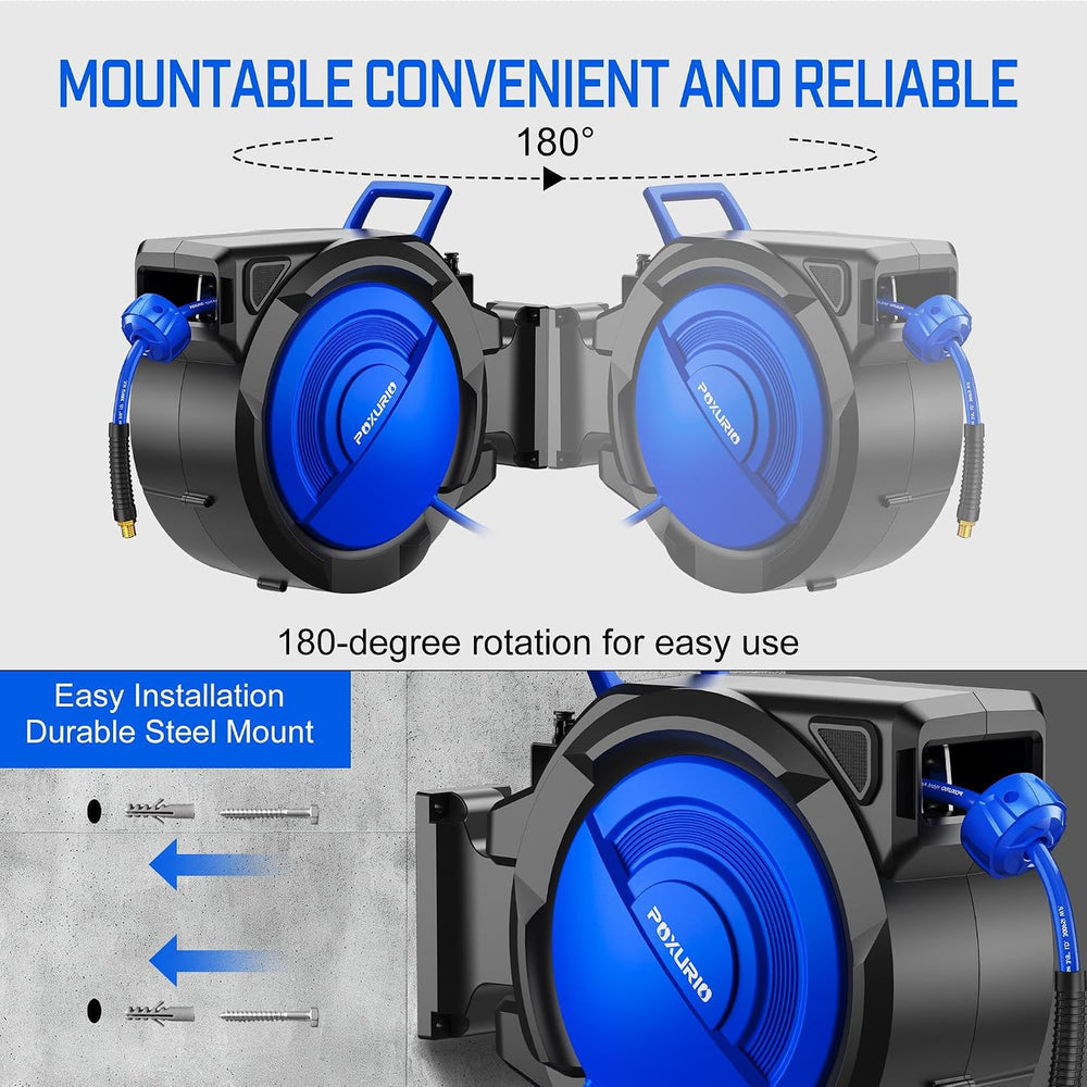120FT+6.5FT Retractable Air Hose Reel, 5/16" Hybrid Air Hose, Air Compre...