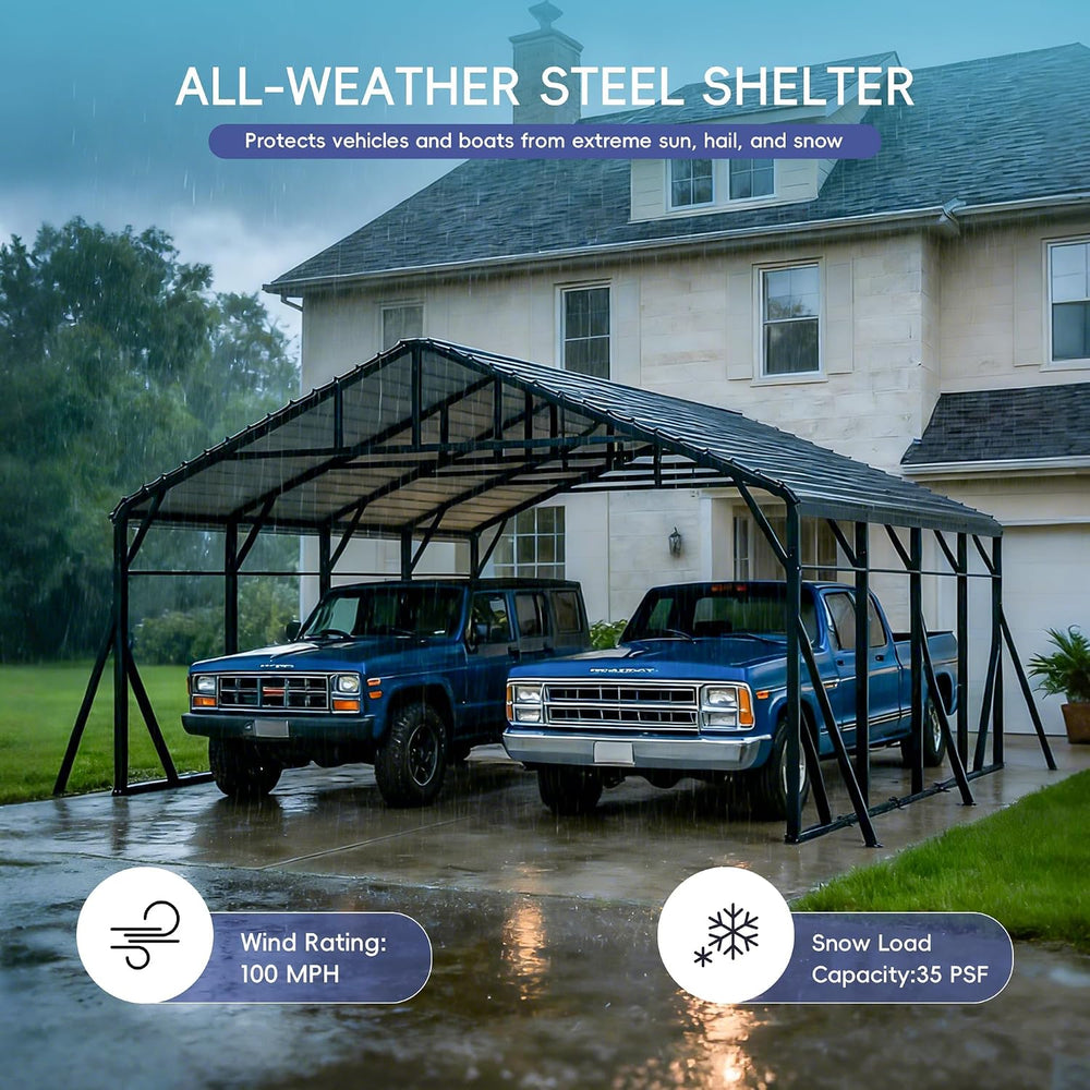 20x20 FT Heavy Duty Metal Carport Kits with Galvanized Steel Roof, Outdoor Ca...