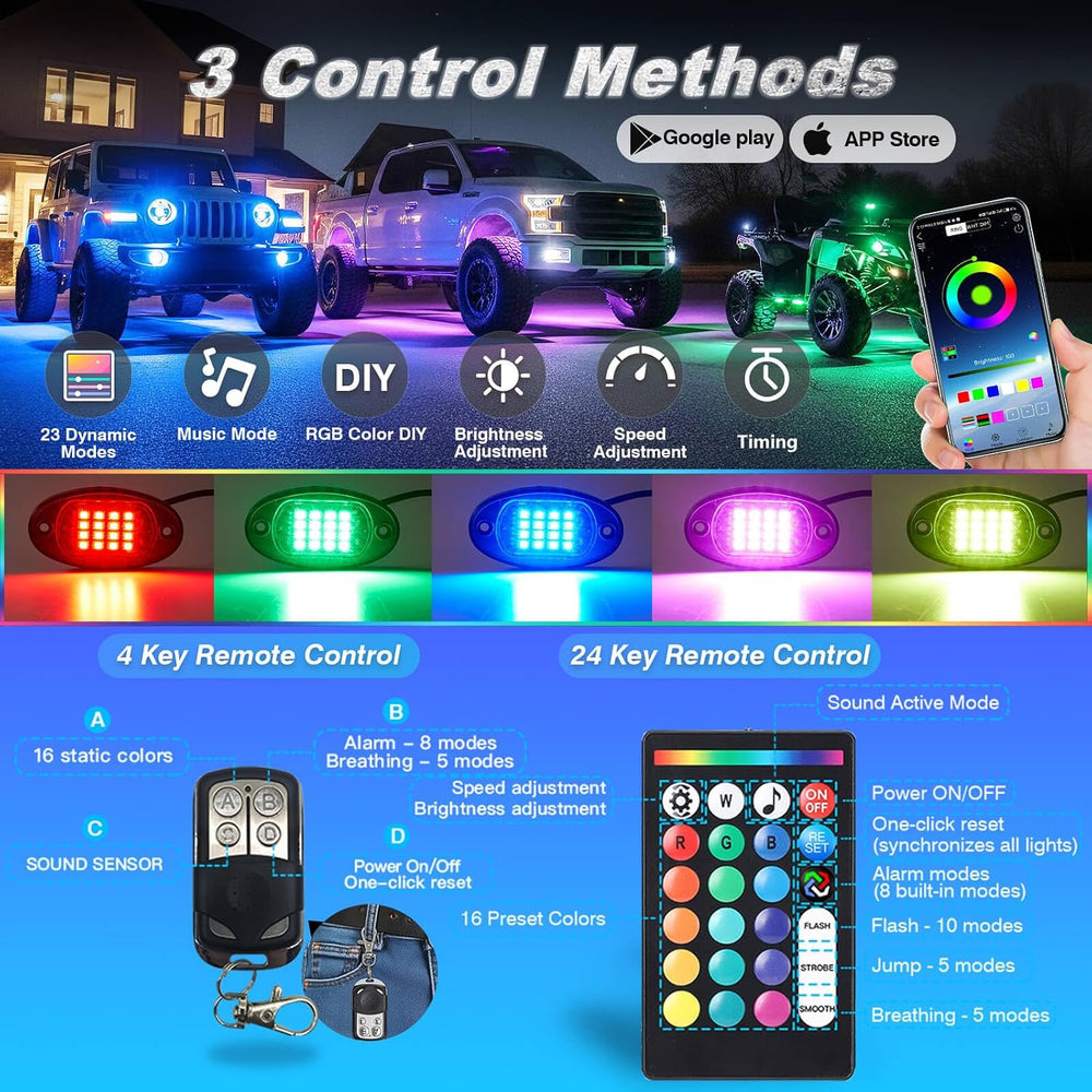 8Pods Segmented RGB LED Rock Lights Kit for Jeep Trucks UTV ATV Golf Cart RZR...