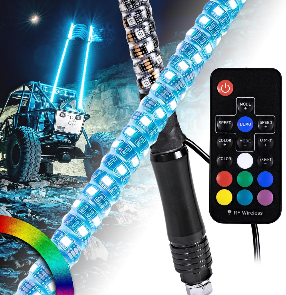 True Mods 2pc 3ft Spiral RGB LED Whip Light for UTV ATV [RF Wireless Remote] ...