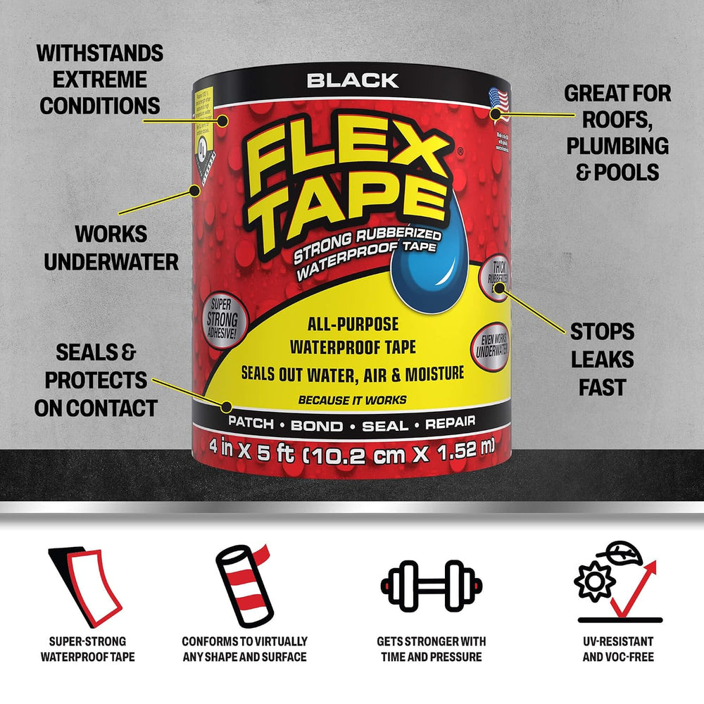 Flex Tape Strong Rubberized Waterproof Tape, Black, 4 in x 5 ft, 2-Pack