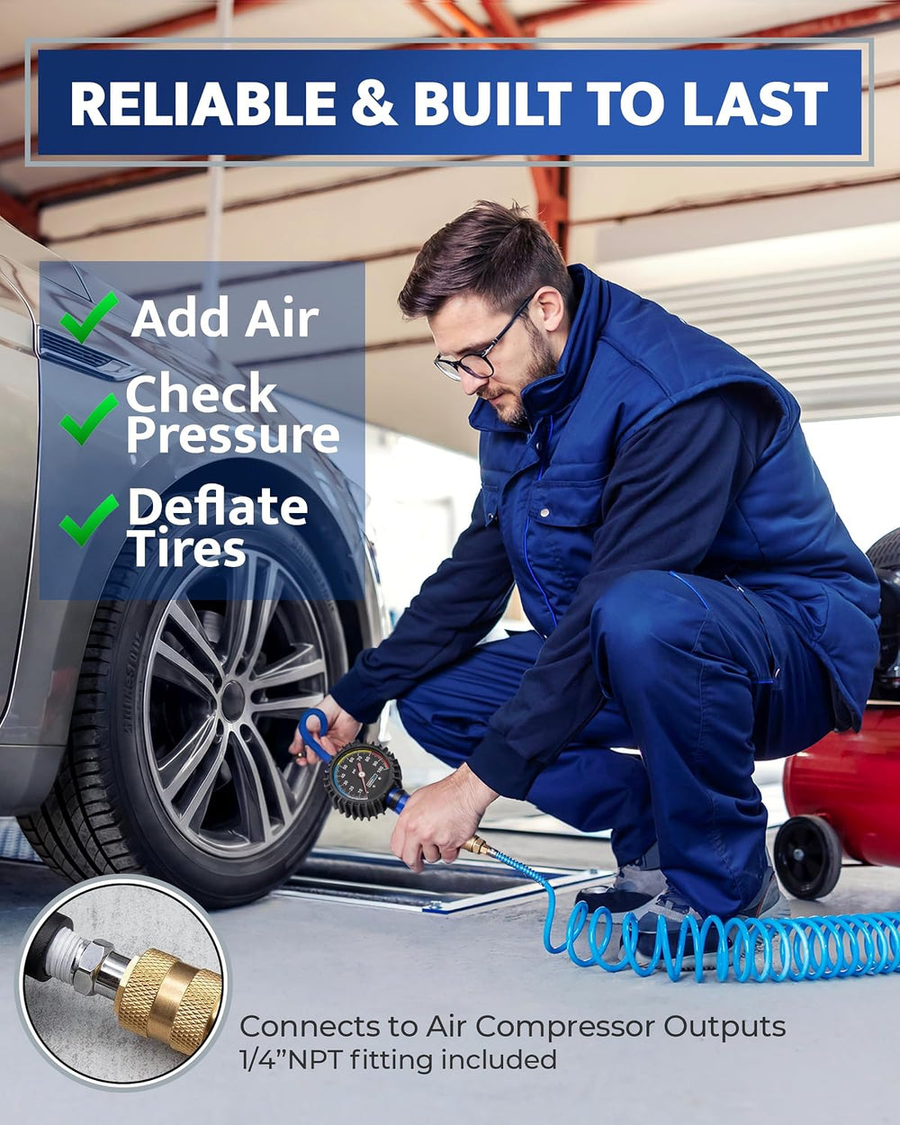 Tire Inflator with Pressure Gauge — Air Chuck with Gauge for Air Compressor