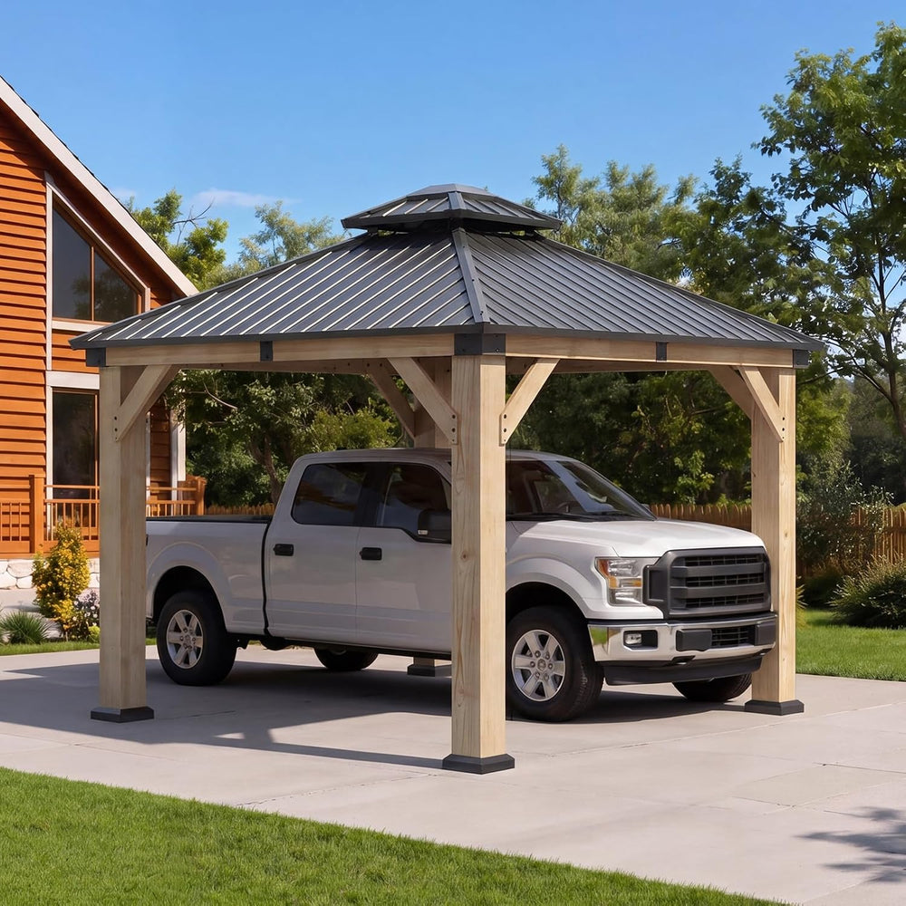 Aoxun 10x10 FT Cedar Wood Carport, Double Galvanized Steel Roof + Light