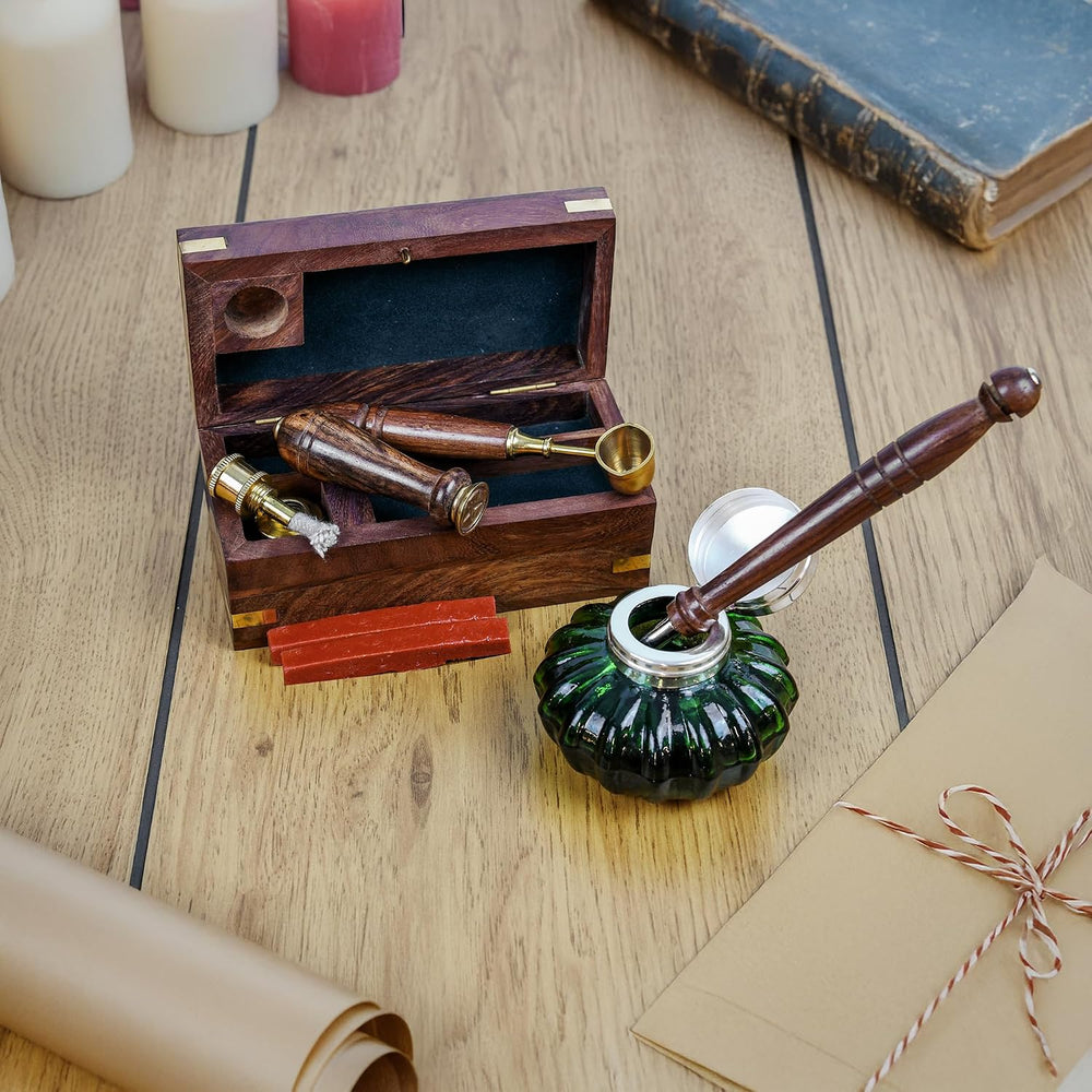 Letter Stamp Wax Seal Kit - Wooden Box with Pot, Sticks and Burner Wood Handl...