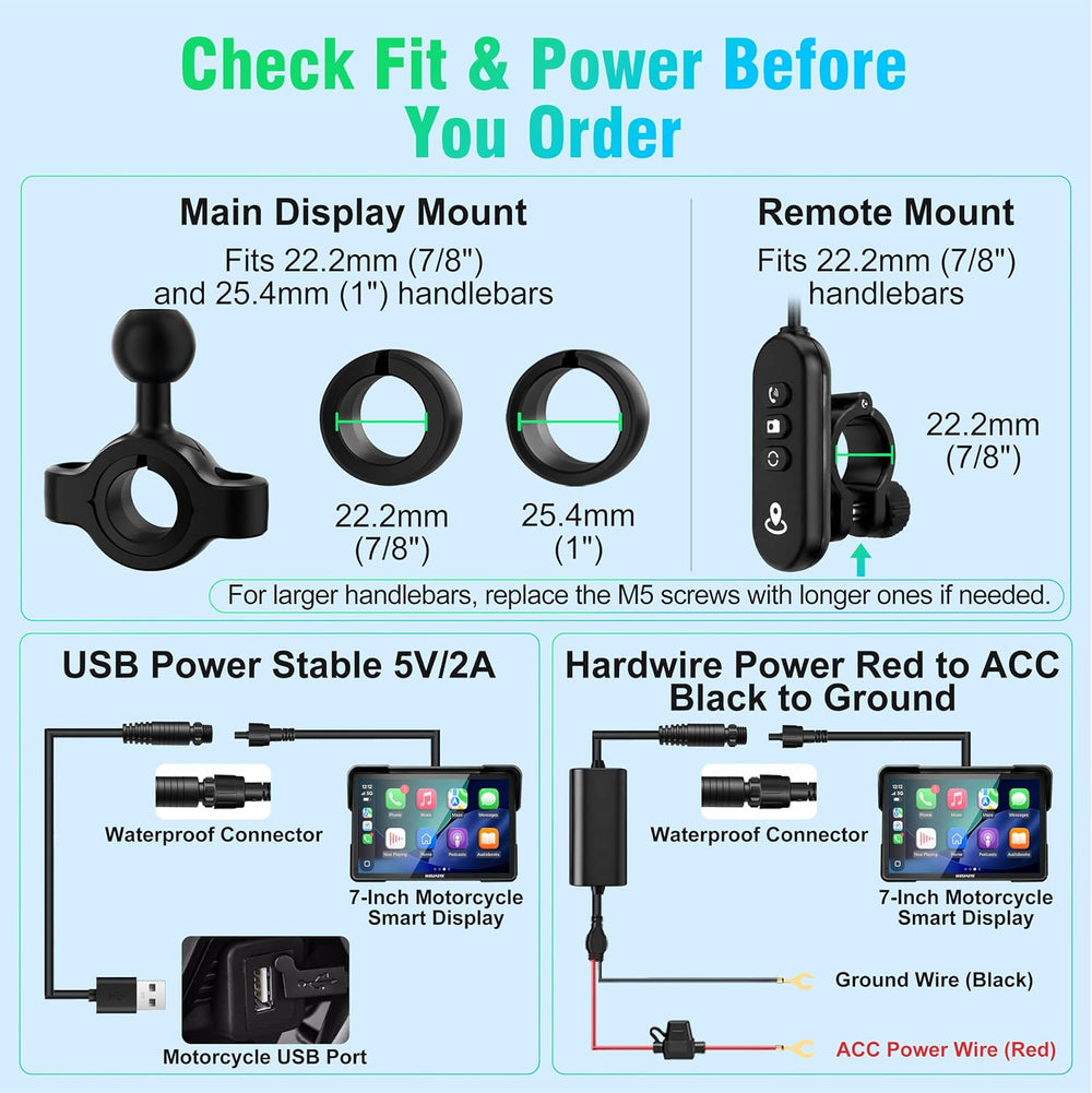 2026 Weuaste 7" Wireless Motorcycle CarPlay with Android Auto/iOS, GPS N...