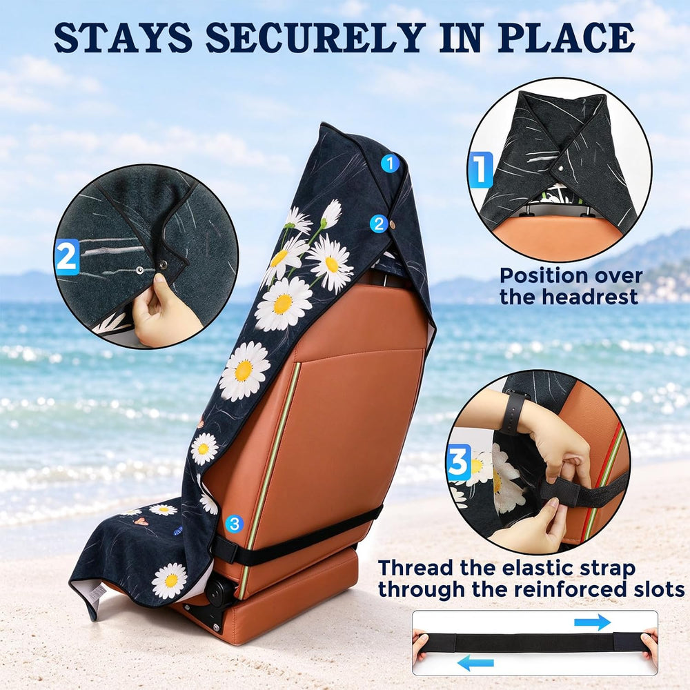 Chenille Car Seat Cover Towel, 2-Pack, Black Daisy