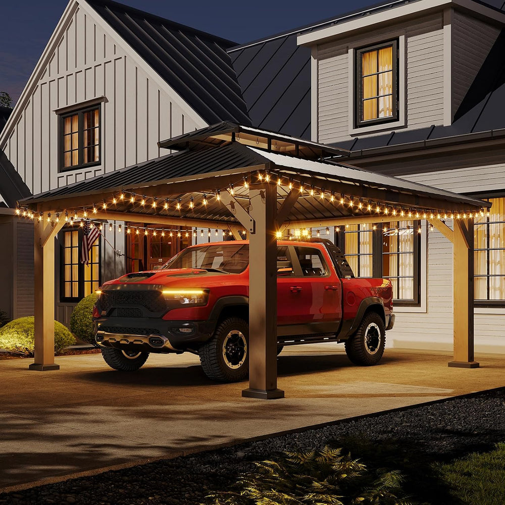 Aoxun 12x16 FT Heavy Duty Cedar Wood Carport, Double Galvanized Steel Roof