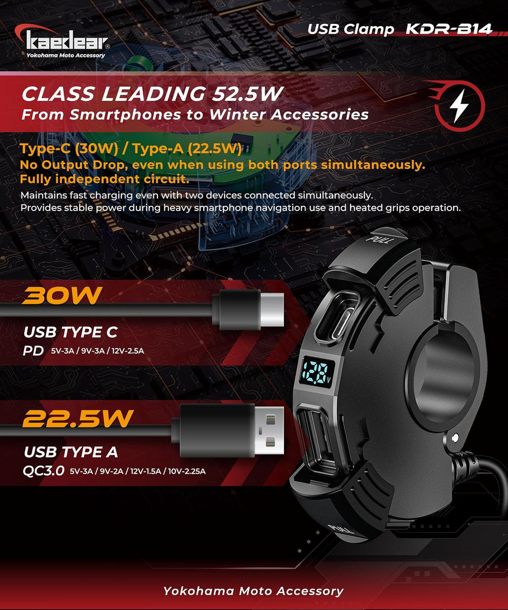 Kaedear USB-C & USB-A Motorcycle Charger, PD 30W, KDR-B14