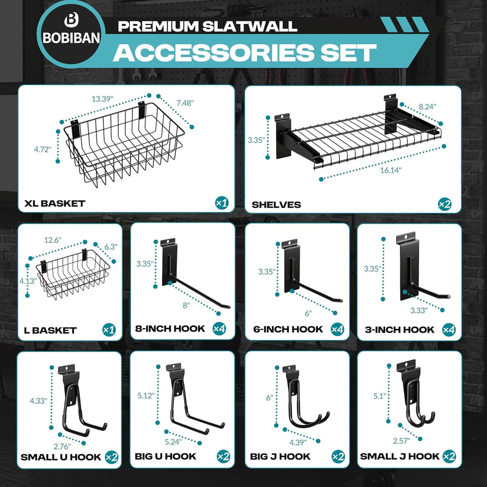 24Pcs Slatwall Accessories Set with Slatwall Baskets, Shelves, Hook