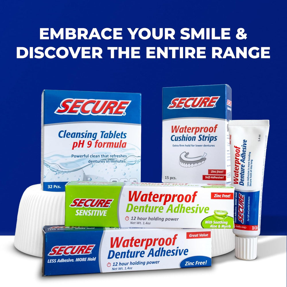 Secure Denture Adhesive Cream, Zinc Free Denture Glue, 1.4 oz, 8 Pack