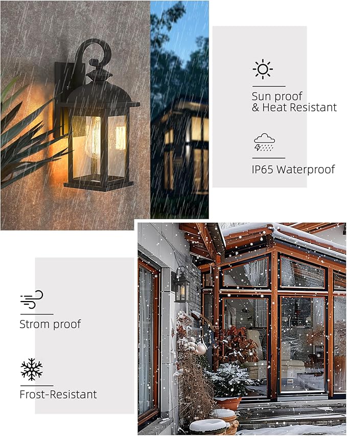 FEMILA Outdoor Wall Sconce, 14.9" Matte Black Seeded Glass Outdoor Sconc...