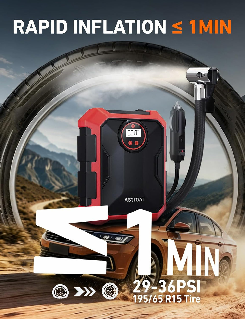 AstroAI Portable Air Compressor and Tire Inflator - 12V DC Auto Accessory wit...