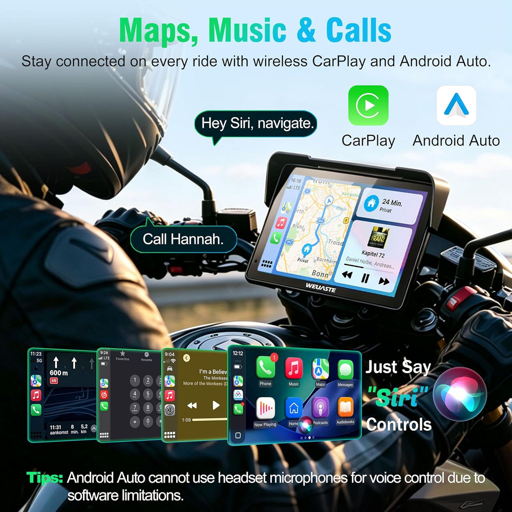 2026 Weuaste 7" Wireless Motorcycle CarPlay with Android Auto/iOS, GPS N...