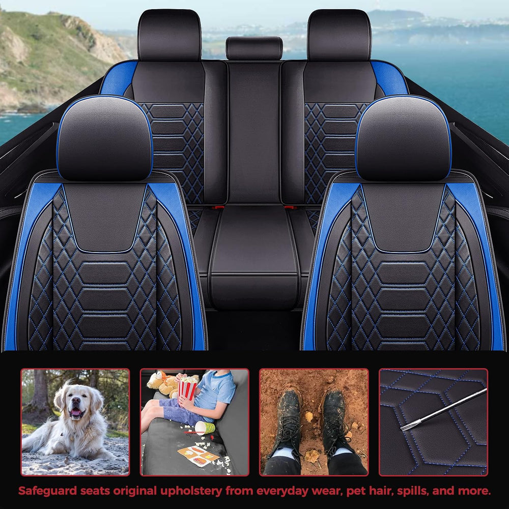 FREESOO Universal Car Seat Covers Full Set Faux Leather Black Blue