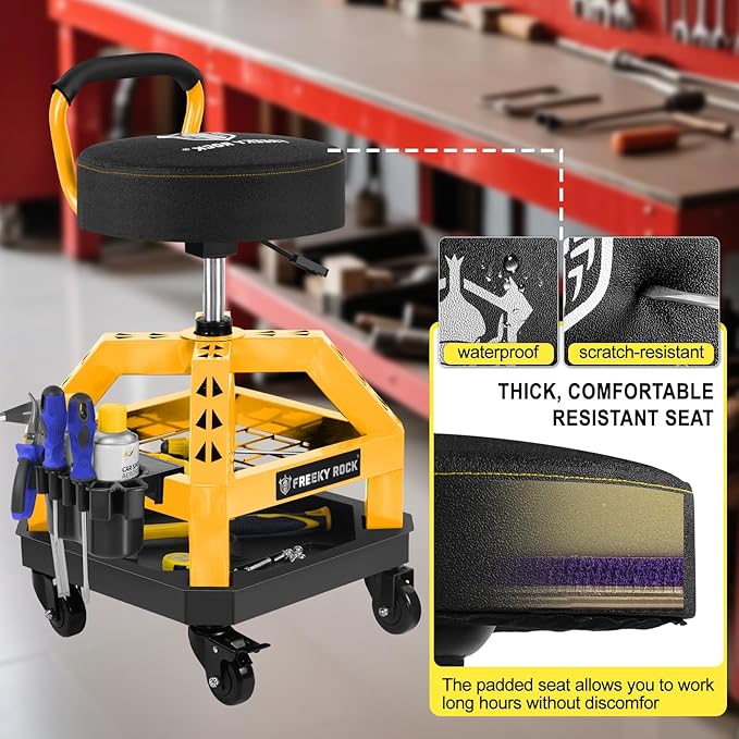 Rolling Shop Stool with Wheels, Heavy Duty Garage Work Mechanic Stool with