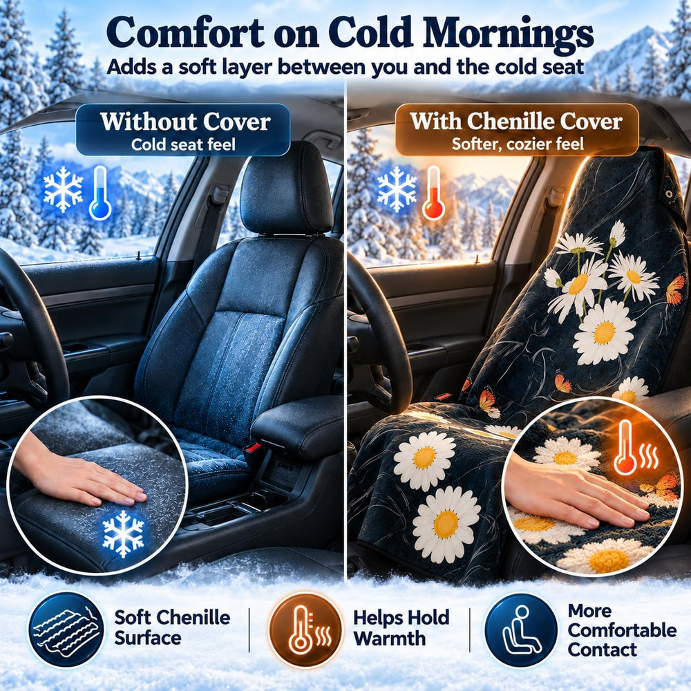 Chenille Car Seat Cover Towel, 2-Pack, Black Daisy