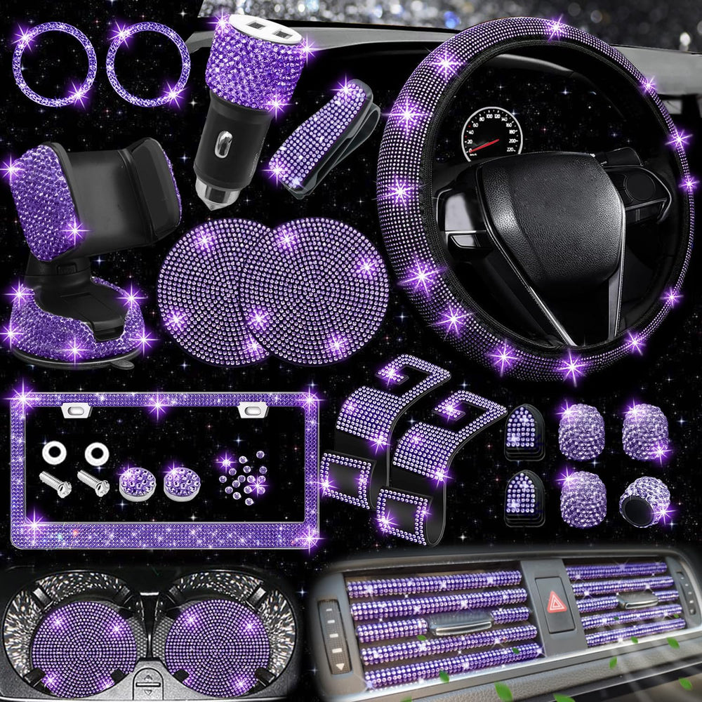 NBTEPEM 27 PCs Purple Violet Bling Car Accessories Set for Women, Steering Wh...