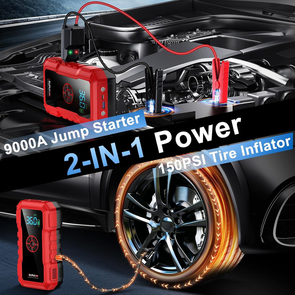 Portable Car Battery Jump Starter with Air Compressor - 9000A 150PSI