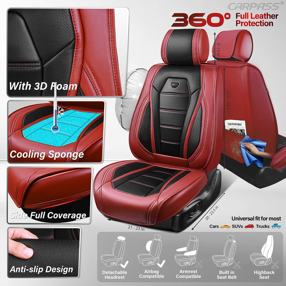 CAR PASS Nappa Leather Car Seat Covers Full Set Faux Leather, Black Red