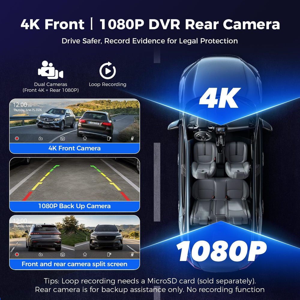 9.26" Wireless CarPlay Screen with 4K+1080P Dual Dash Cam Front and Rear