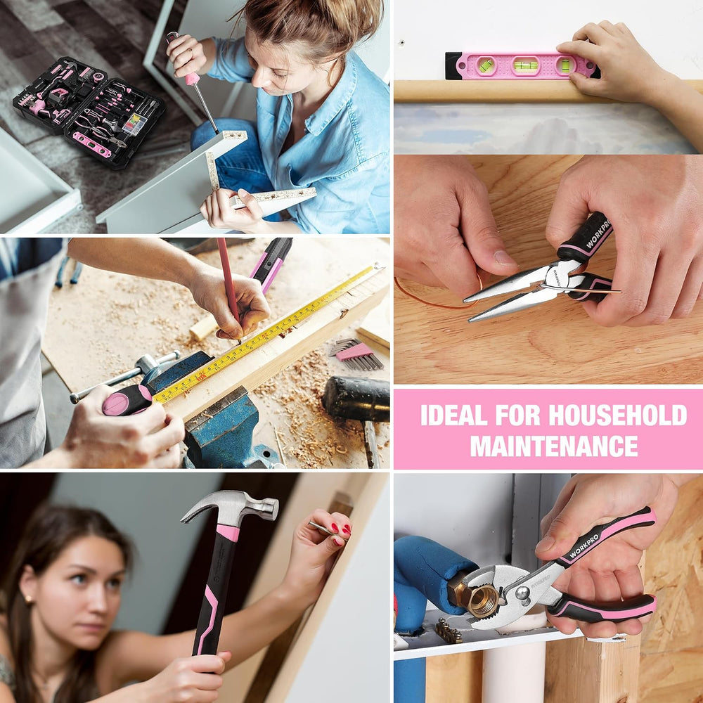 WORKPRO 20V Pink Cordless Drill and 141-Piece Home Tool Kit for Women