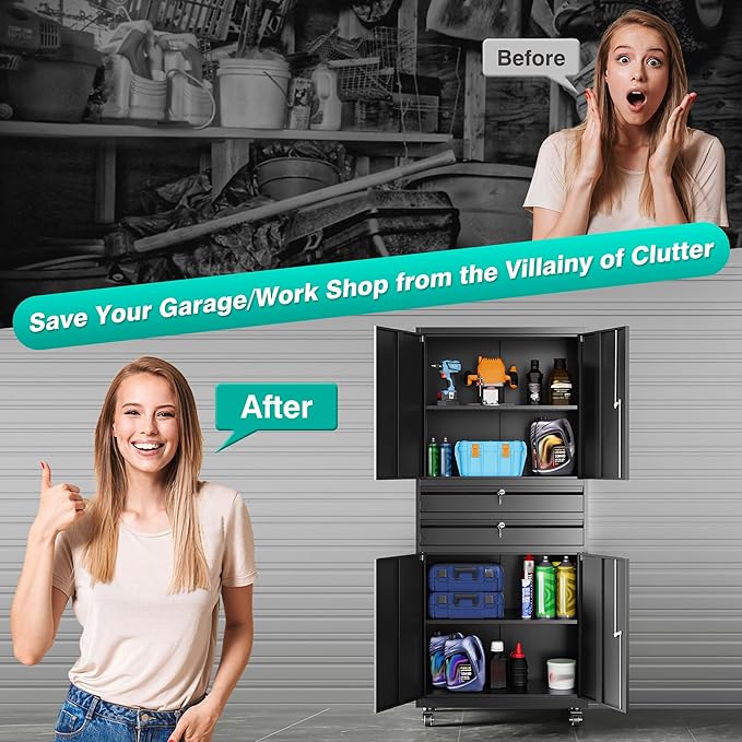 Metal Storage Cabinet with Wheels and Drawers, Rolling Garage Storage Cabinet