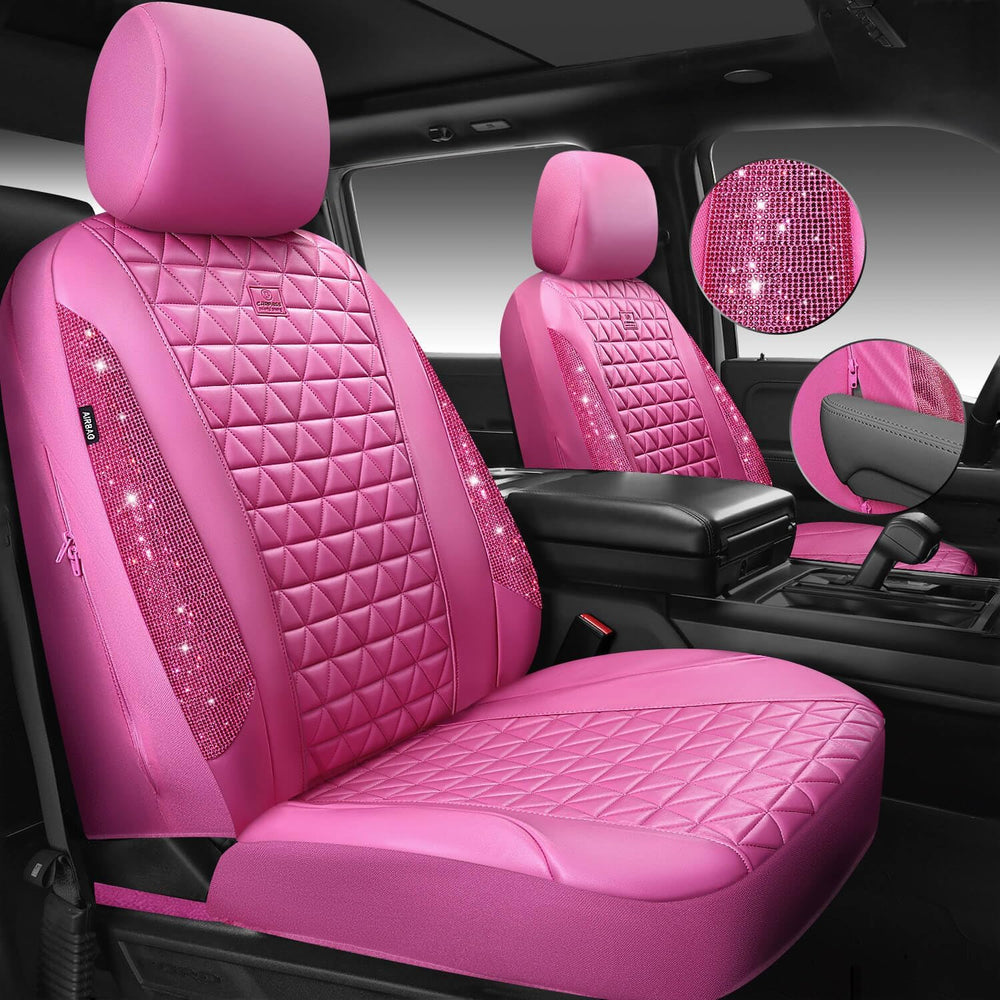 CAR PASS Hot Pink Bling Diamond Leather Car Seat Covers Full Sets, Waterproof...