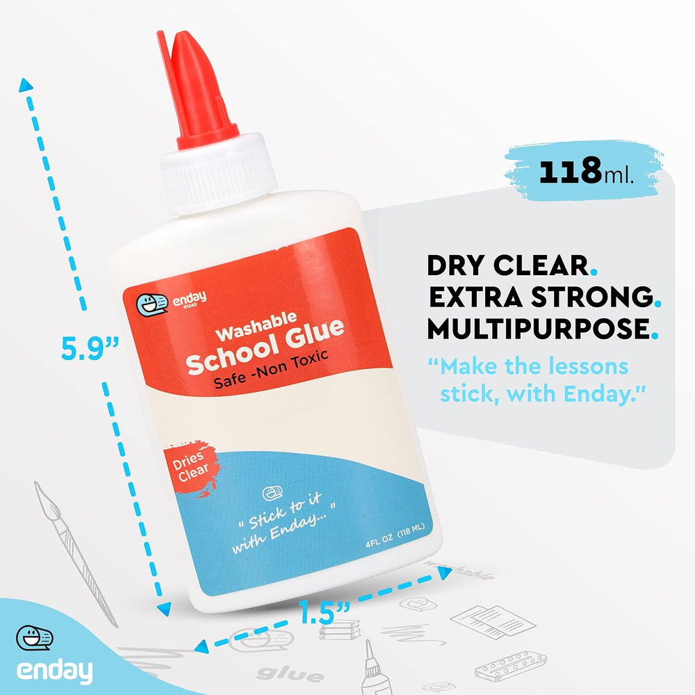 Enday Washable Liquid School Glue, White, 4 oz Bottles, Non-Toxic, 24-Pack