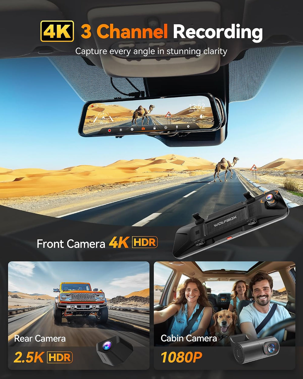 WOLFBOX G900 Tripro 3 Channel 4K Rear View Mirror Camera,8MP STARVIS IMX678