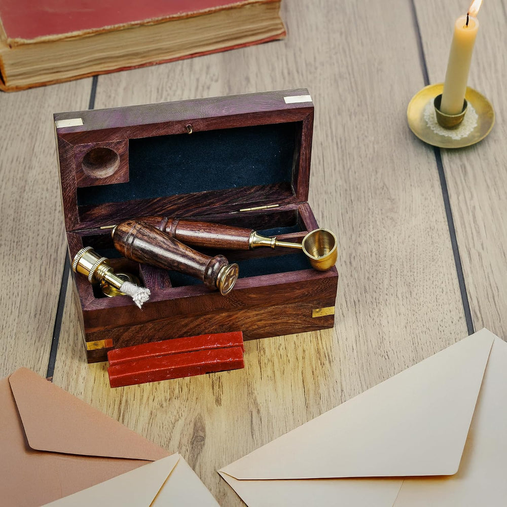 Letter Stamp Wax Seal Kit - Wooden Box with Pot, Sticks and Burner Wood Handl...