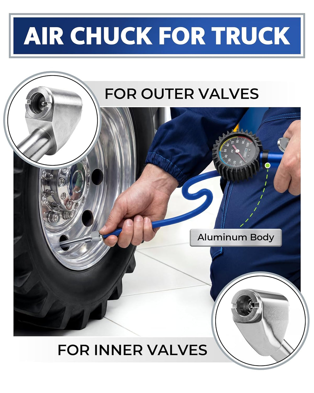 Tire Inflator with Pressure Gauge — Air Chuck with Gauge for Air Compressor