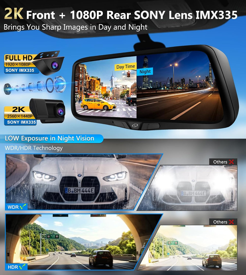 10" OEM Mirror Dash Cam with Detached Front Camera,Rear View Zoom,64GB Card