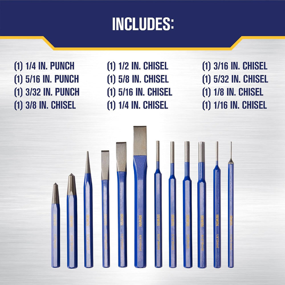 IRWIN Chisel Set, Chisel and Punch, 12-Pack with Various Sizes, Tempered for ...
