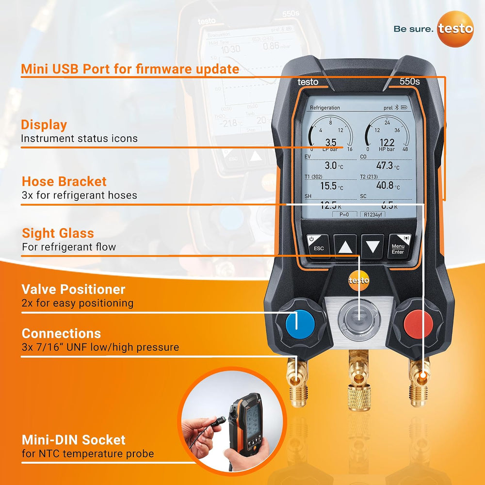 testo 550s AC Manifold Gauge Set – Manifold Gauges HVAC – Incl. 2 Wired Tempe...