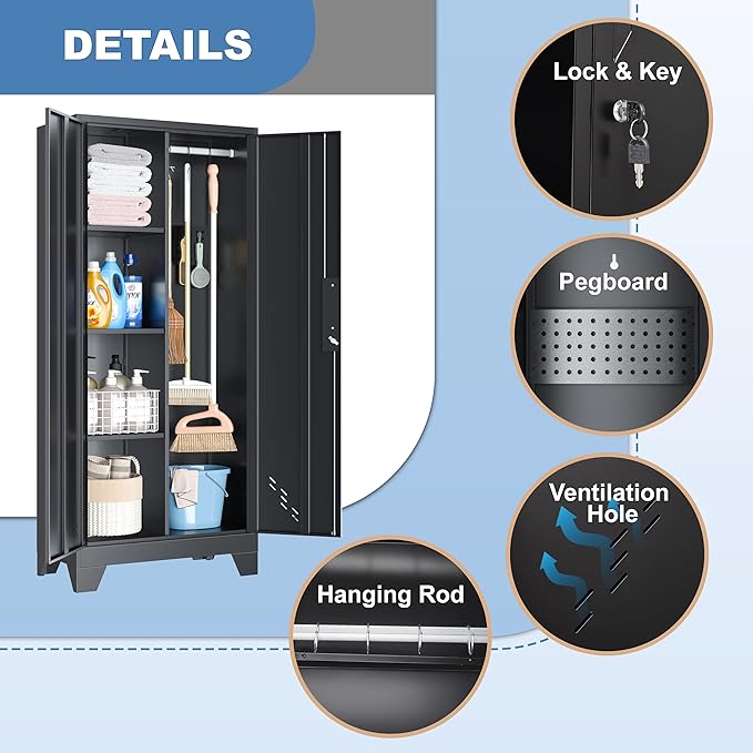 61" Broom Closet Storage Cabinet, Metal Storage Cabinet