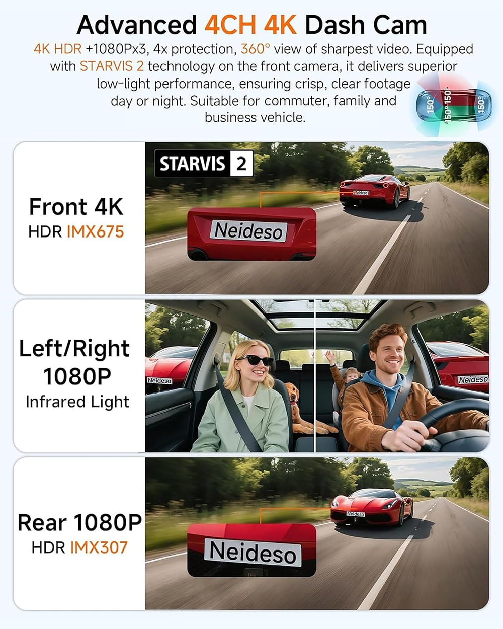 4K Dash Cam Front and Rear, STARVIS 2 Sensor Dash Camera for Cars