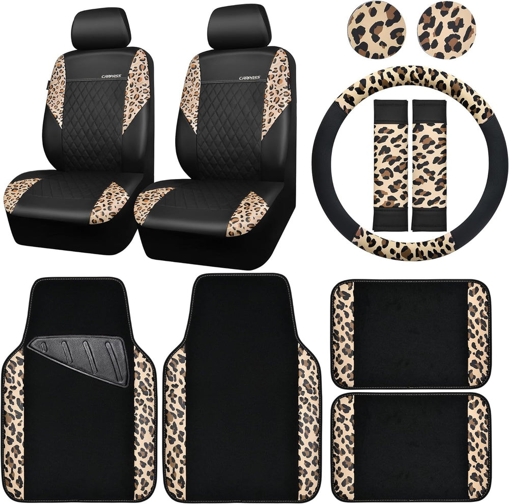 CAR PASS Leopard Print Faux Leather Car Seat Covers & Leopard Car Mats&am...