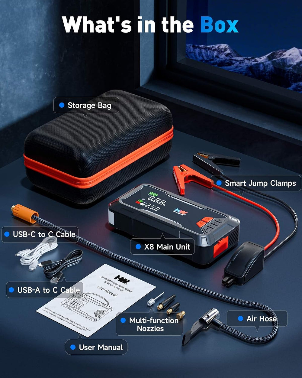 HW 2000A Jump Starter with Air Compressor, 160 PSI Tire Inflator 12V 65W PD