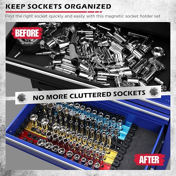 18-Piece Magnetic Socket Holder Organizer Set, Heavy Duty 1/2, 1/4-Inch Socket