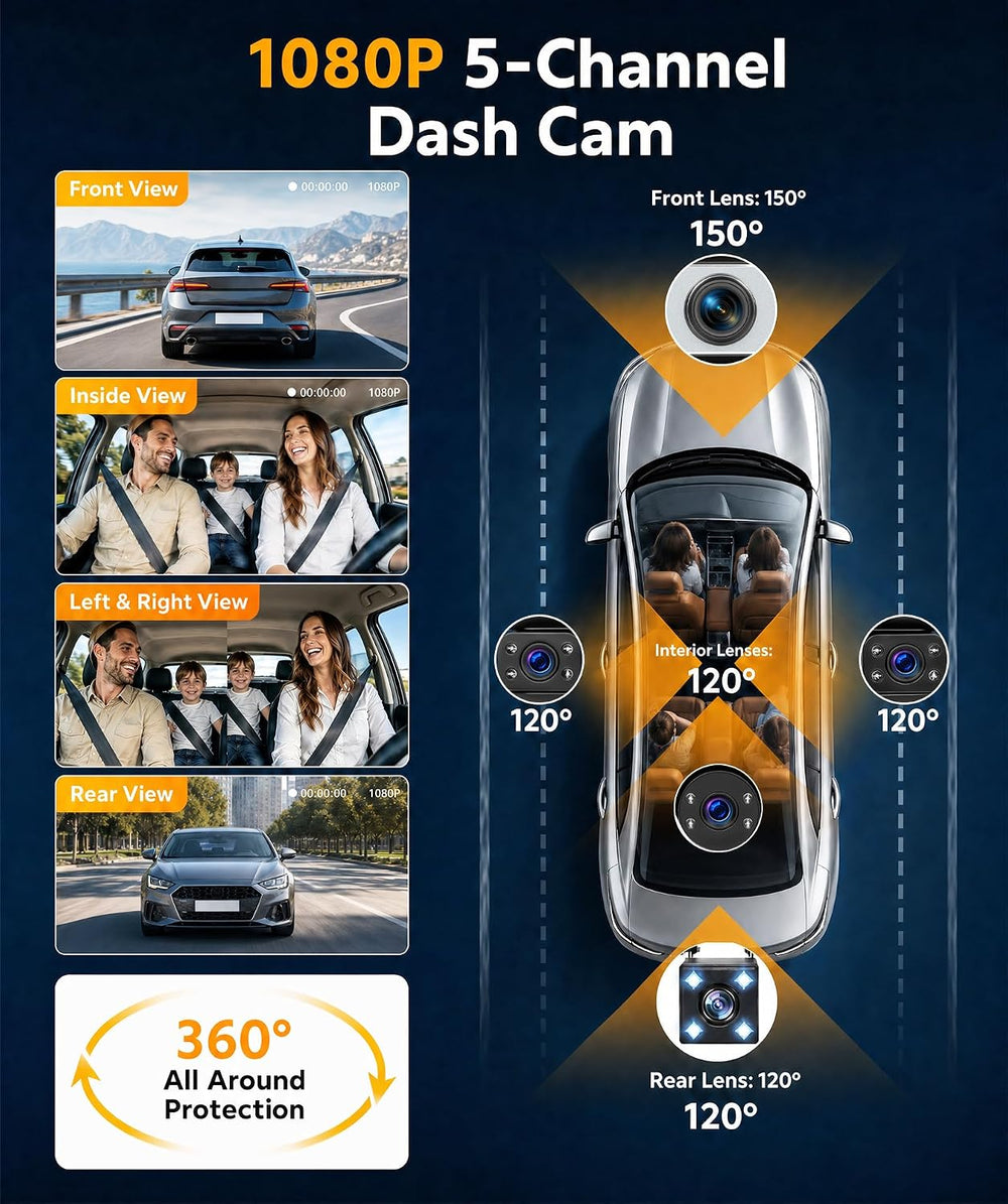 SIXWIN 360 Degree 1080P 5 Channel Dash Cam for Car with 10 Modes