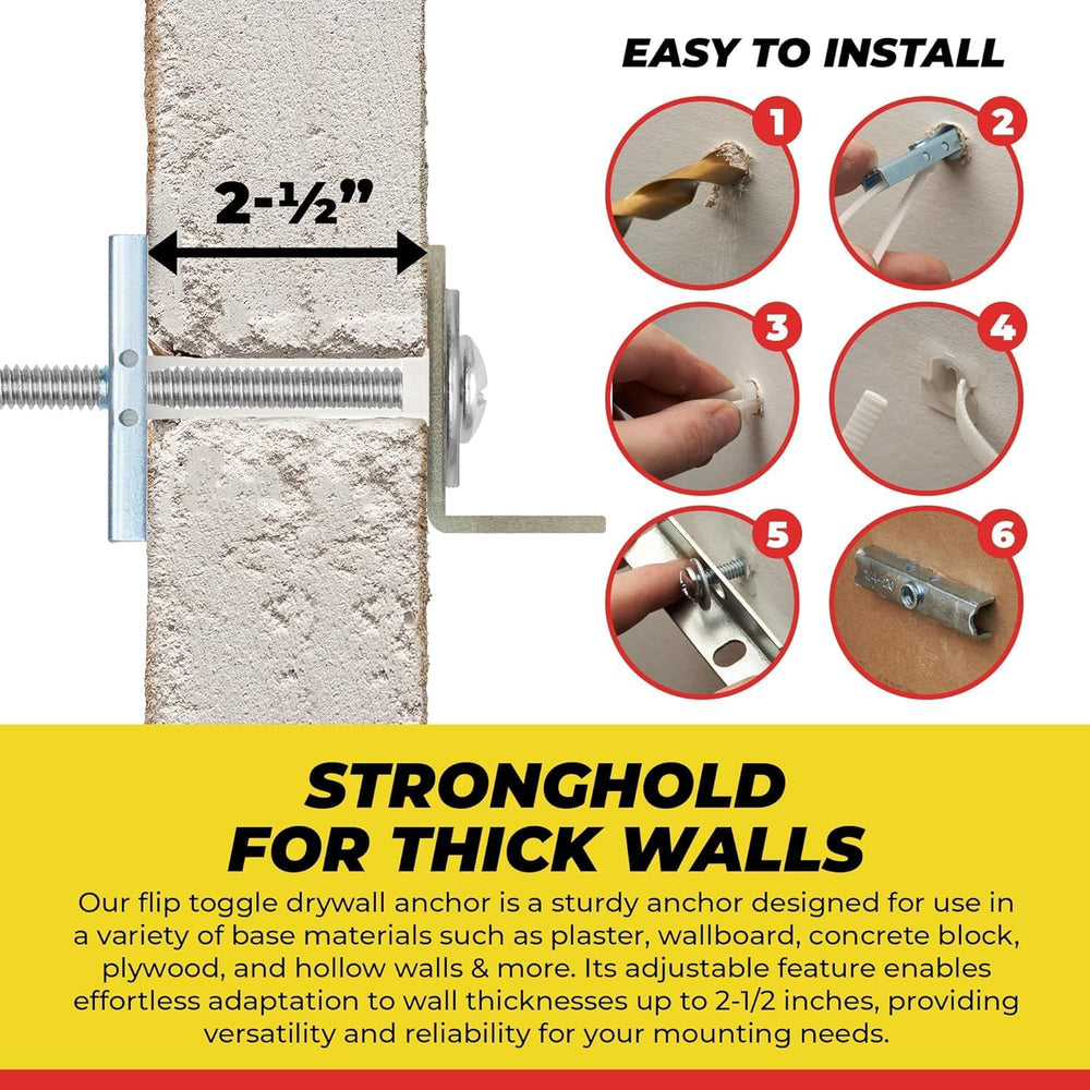 1/4”-20 Quick Easy Heavy Duty Toggle Anchors with Bolts - Hollow Wall Anchors...