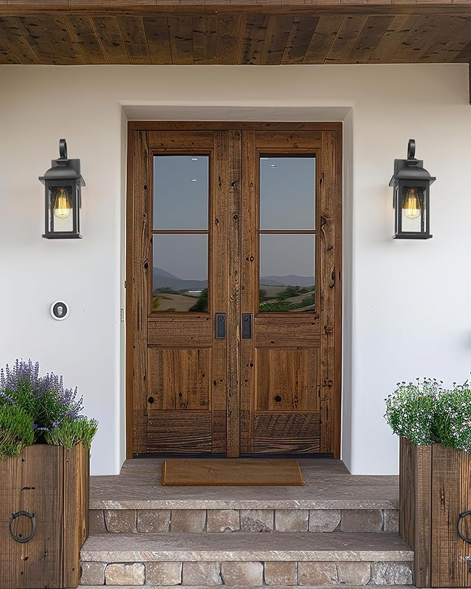FEMILA Outdoor Wall Sconce, 14.9" Matte Black Seeded Glass Outdoor Sconc...