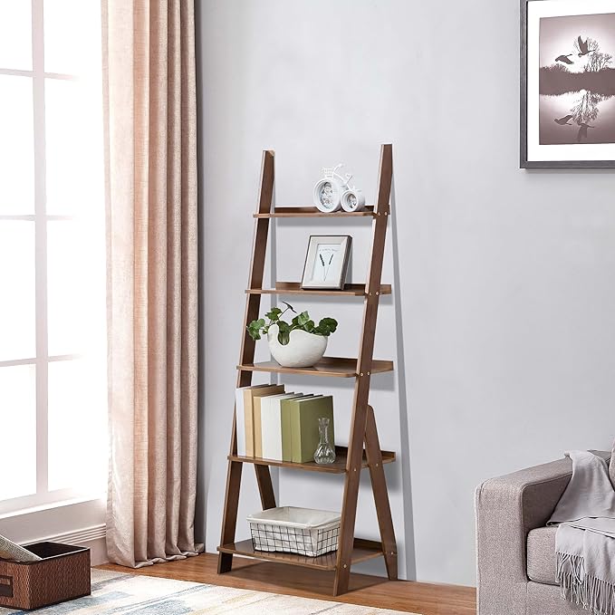 Maydear Bamboo Ladder Shelf Bookcase, 5-Tier Leaning Bookshelf Free Standing