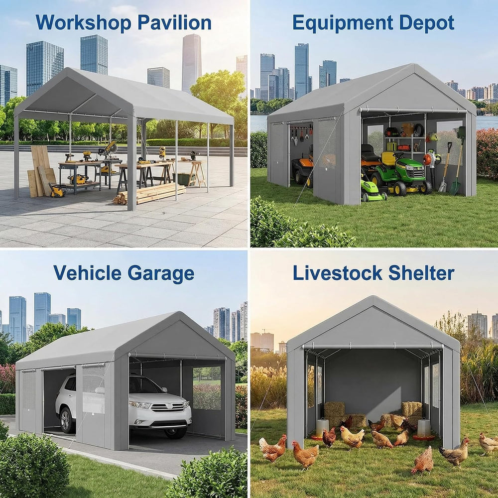 12x20 FT Heavy Duty Carport with Galvanized Frame, Gray