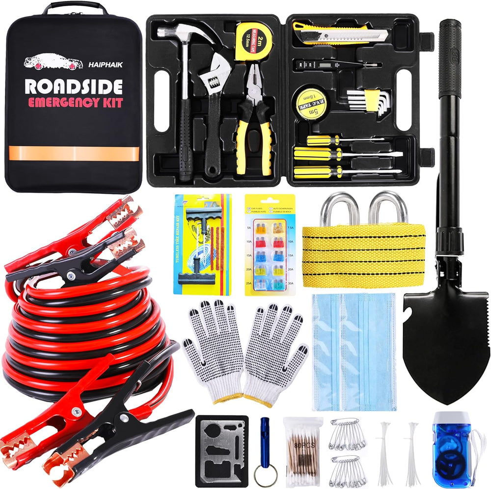 HAIPHAIK Car Emergency Kit with 11.8ft Jumper Cables, Roadside Safety Kit