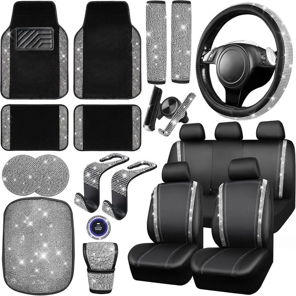 CAR PASS 23 PCS Bling Diamond Car Accessories Set for Women, Leather Seat Cov...